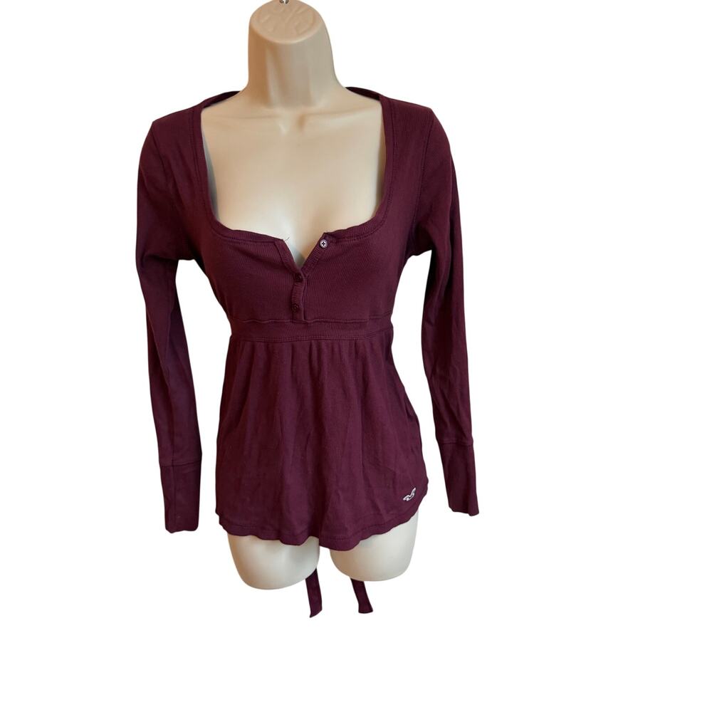 Hollister Babydoll Top Womens Medium Purple Ribbed Henley V-Neck Long Sleeve Tie